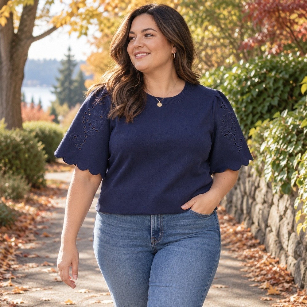 Maeve Anthropologie Scalloped Twofer Sweater Tee XL Navy Eyelet Sleeve Top
